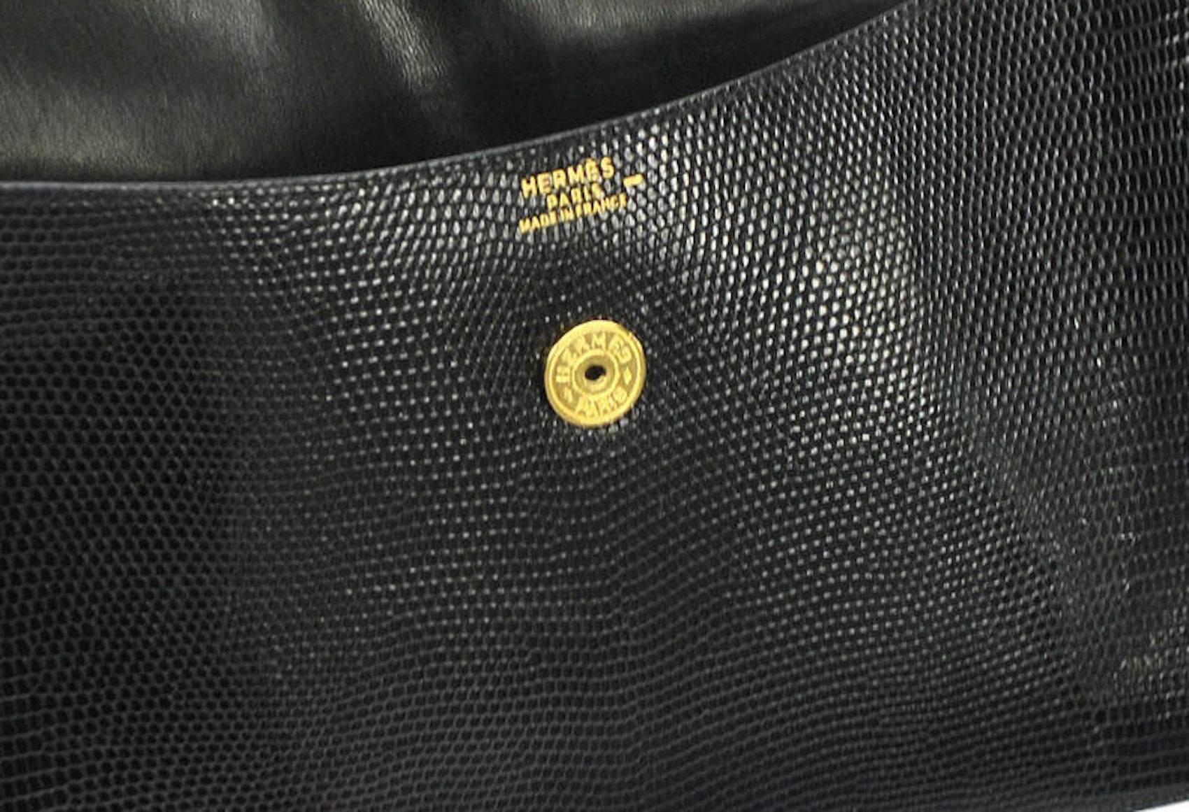 Hermes Rare Vintage Black Lizard Leather Gold Attache Envelope Evening Flap Bag In Good Condition In Chicago, IL