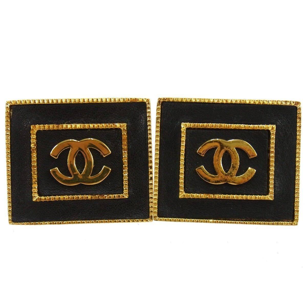 Chanel Rare Vintage Black Leather Gold Charm Large Evening Stud Square Earrings