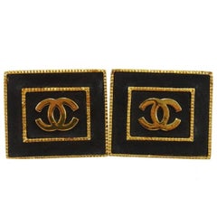 Chanel Rare Vintage Black Leather Gold Charm Large Evening Stud Square Earrings