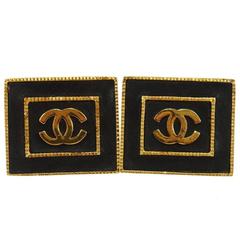 Chanel Rare Vintage Black Leather Gold Charm Large Evening Stud Square Earrings 9