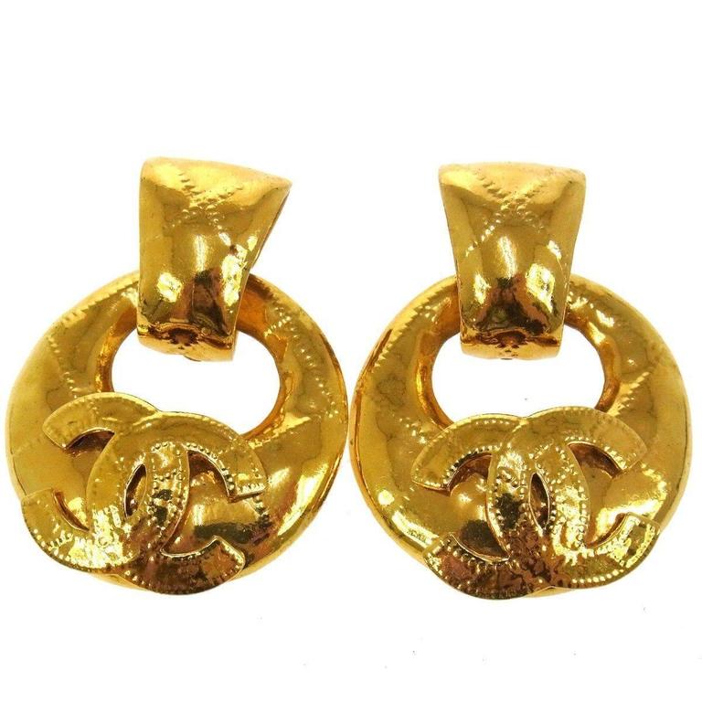 Chanel Vintage Gold Logo Doorknocker Evening Large Drop Dangle Hoop Earrings  For Sale at 1stDibs