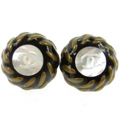 Chanel Vintage Black Glass Mother of Pearl Button Charm Evening Stud Earring 6