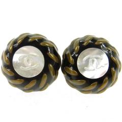 Chanel Vintage Black Glass Mother of Pearl Button Charm Evening Stud Earring