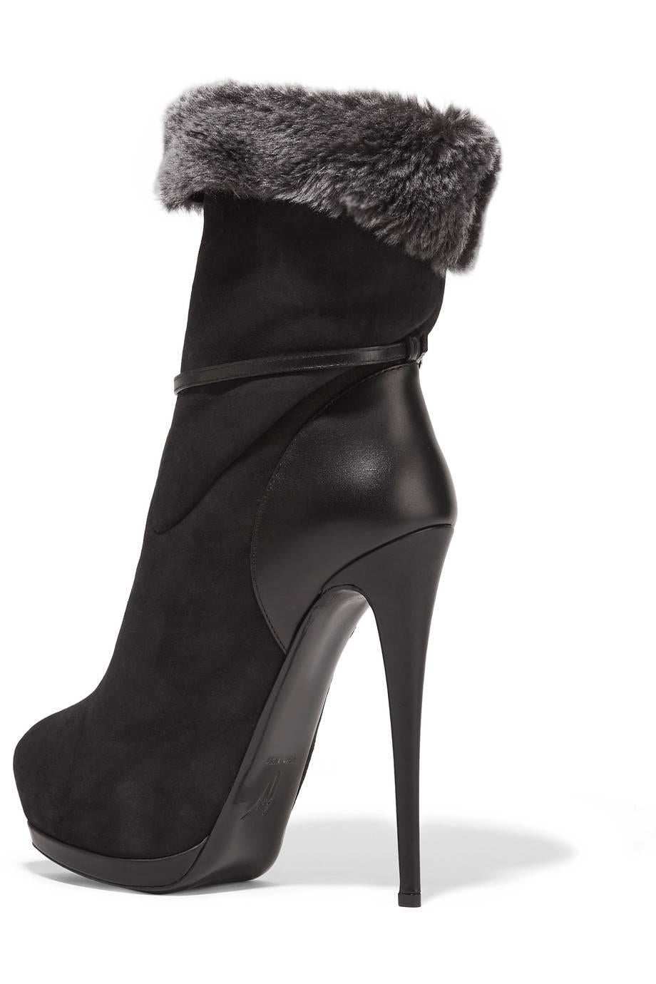 Women's Giuseppe Zanotti NEW & SOLD OUT Black Suede Leather Fur Booties Shoes in Box
