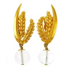 Chanel Vintage Gold Textured Leaf Transparent Bead Evening Dangle Drop Earrings