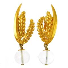 Chanel Vintage Gold Textured Leaf Transparent Bead Evening Dangle Drop Earrings 9