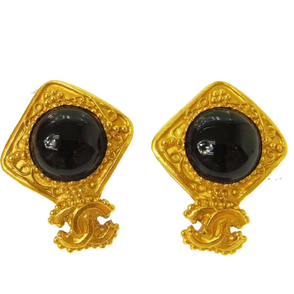 Chanel Vintage Gold Charm Black Glass Evening Dangle Drop Earrings