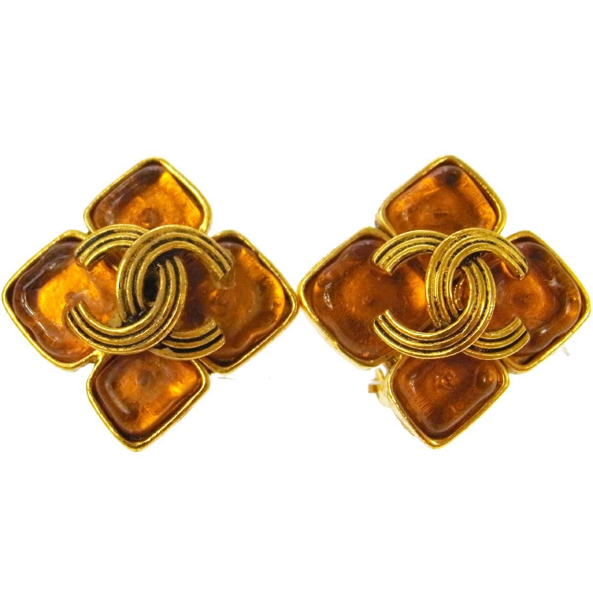 Chanel Vintage Gold Cognac Brown Gripoix Charm Stud Evening Earrings