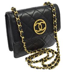 Chanel Vintage Black Lambskin Leather Gold Charm Small Crossbody Flap Bag