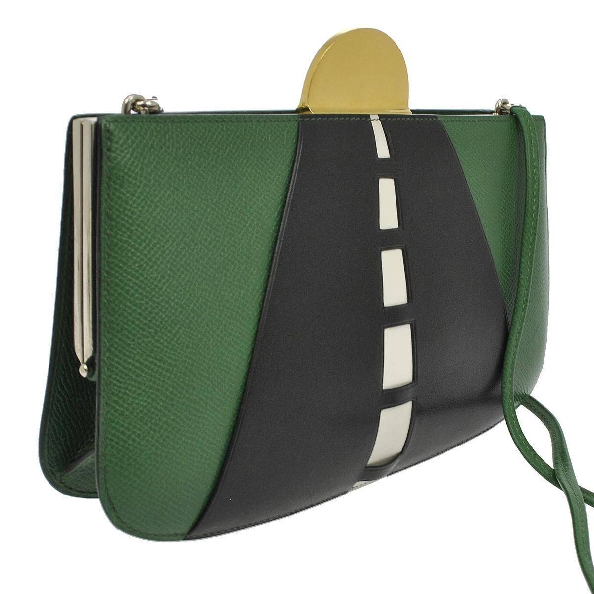Hermes Rare Vintage Leather Road Kisslock 2 in 1 Evening Clutch Shoulder Bag