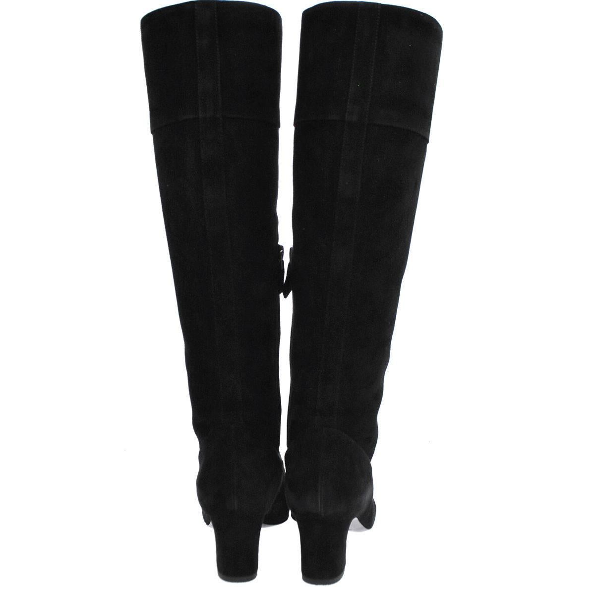 Hermes Black Suede Gold Metal CapToe Block Heels Shoes Knee Boots in Box In Good Condition In Chicago, IL