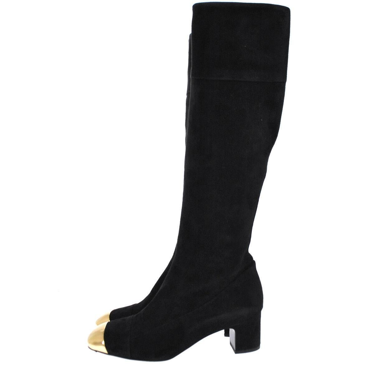 Hermes Black Suede Gold Metal CapToe Block Heels Shoes Knee Boots in Box