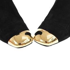 Hermes Black Suede Gold Metal CapToe Block Heels Shoes Knee Boots in Box