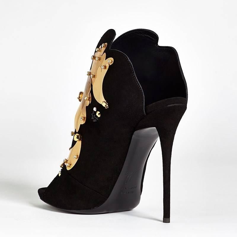 Women's Giuseppe Zanotti NEW & SOLD OUT Evening Black Suede Gold Crystal Shoes Heels 