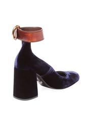 Prada Midnight Blue Velvet Leather Ankle Strap Evening Block Heels Shoes in Box