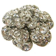Chanel Silver Camellia Flower Rhinestone Charm Evening Pin Brooch in Box