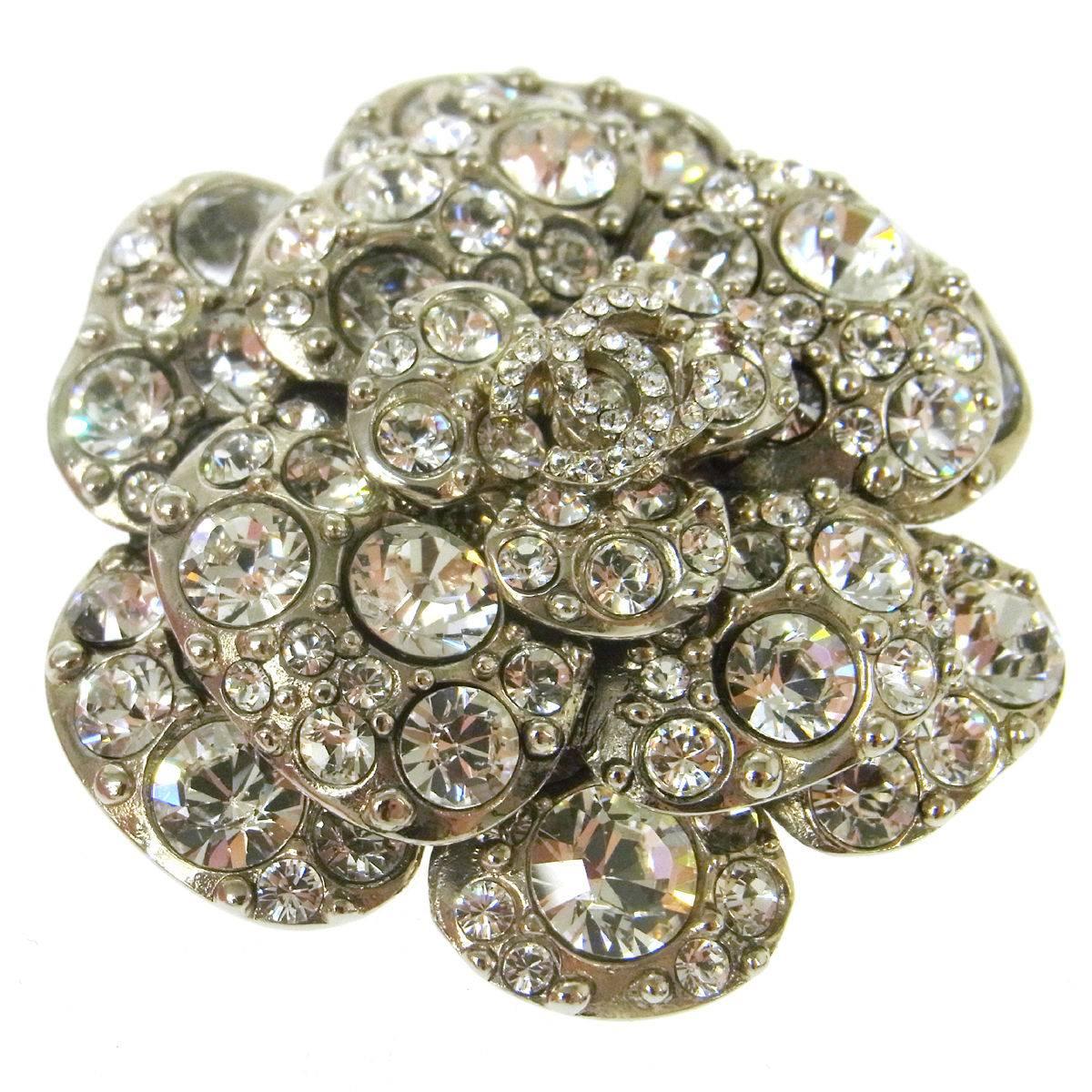 Chanel Silver Camellia Flower Rhinestone Charm Evening Pin Brooch in Box In Good Condition In Chicago, IL