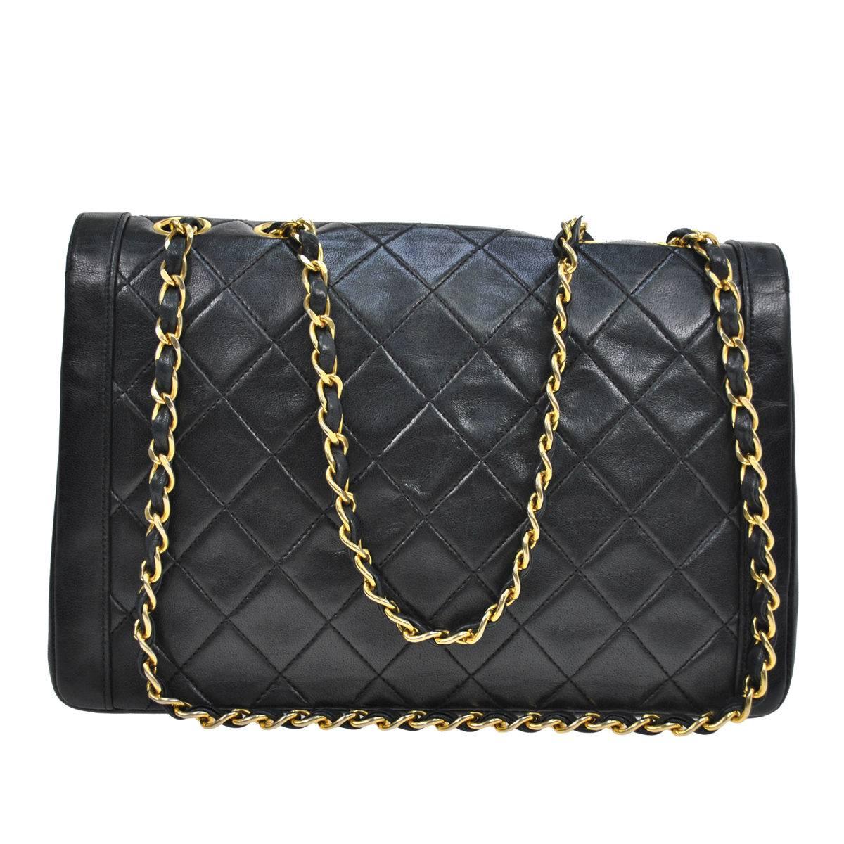 Women's Chanel Vintage Black Lambskin Gold Evening Single Double Shoulder Flap Bag