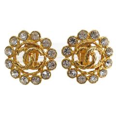 Chanel Retro Gold Metal Rhinestone Large Flower Evening Stud Button Earrings