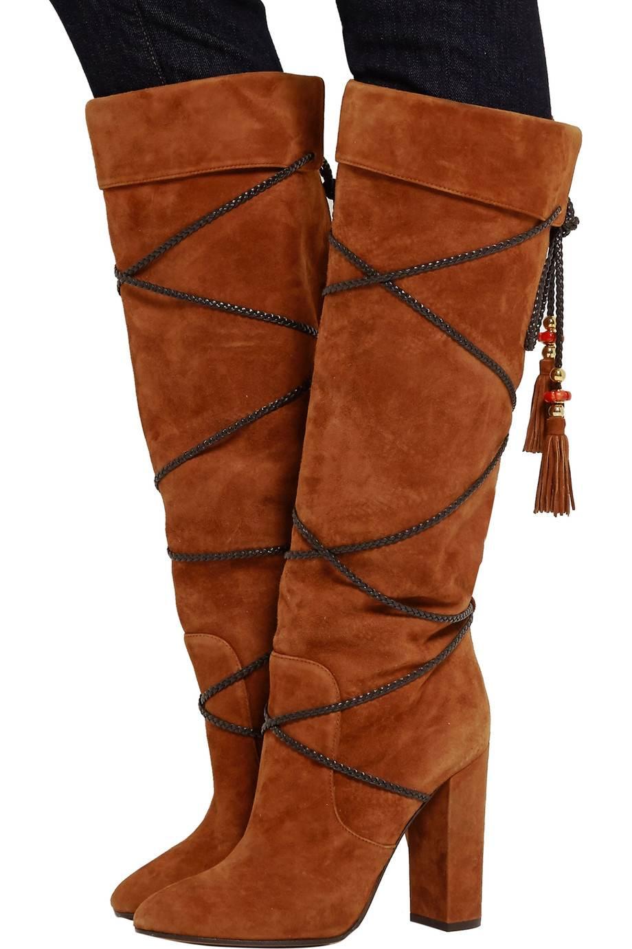 CURATOR'S NOTES

Aquazzura NEW & SOLD OUT Cognac Suede Tassel Heels Knee Boots in Box  

Size 37.5
Suede
Leather detail
Pull on
Made in Italy
Heel height 4"
Includes original Aquazzura box