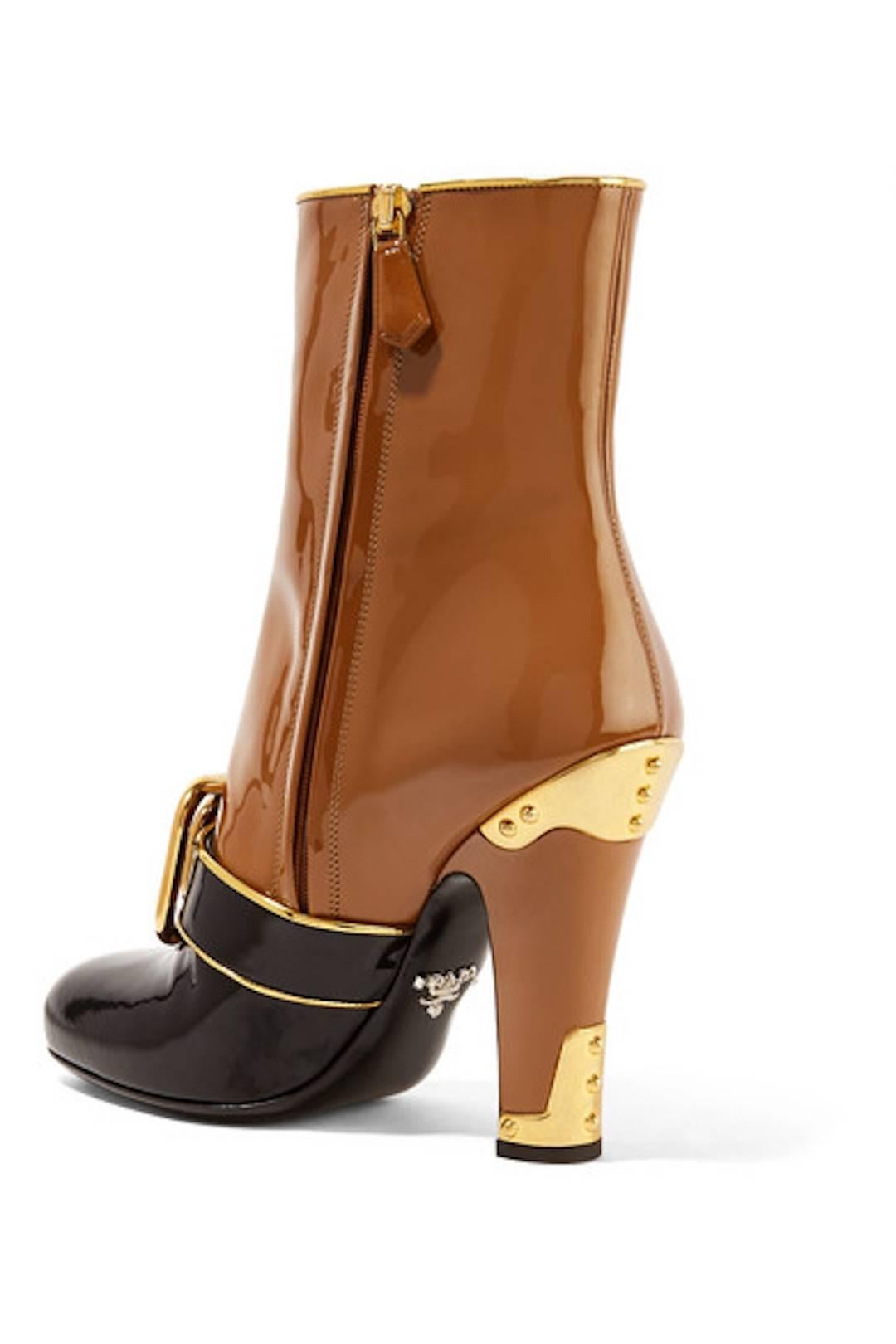 Women's Prada NEW Runway Cognac Colorblock Gold Patent Ankle Boots Shoes in Box