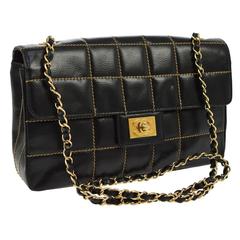 Vintage Chanel Black Leather Gold Accent Turnlock Evening Single Flap Shoulder Bag
