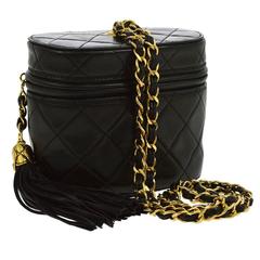 Chanel Vintage Rare Black Lambskin Gold Tassel Top Zip Evening Shoulder Bag