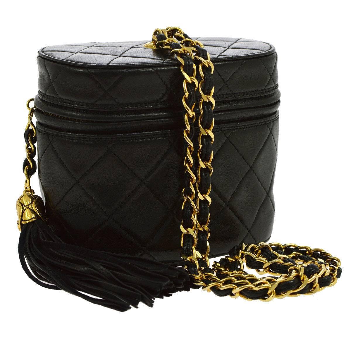 Chanel Vintage Rare Black Lambskin Gold Tassel Top Zip Evening Shoulder Bag In Excellent Condition In Chicago, IL