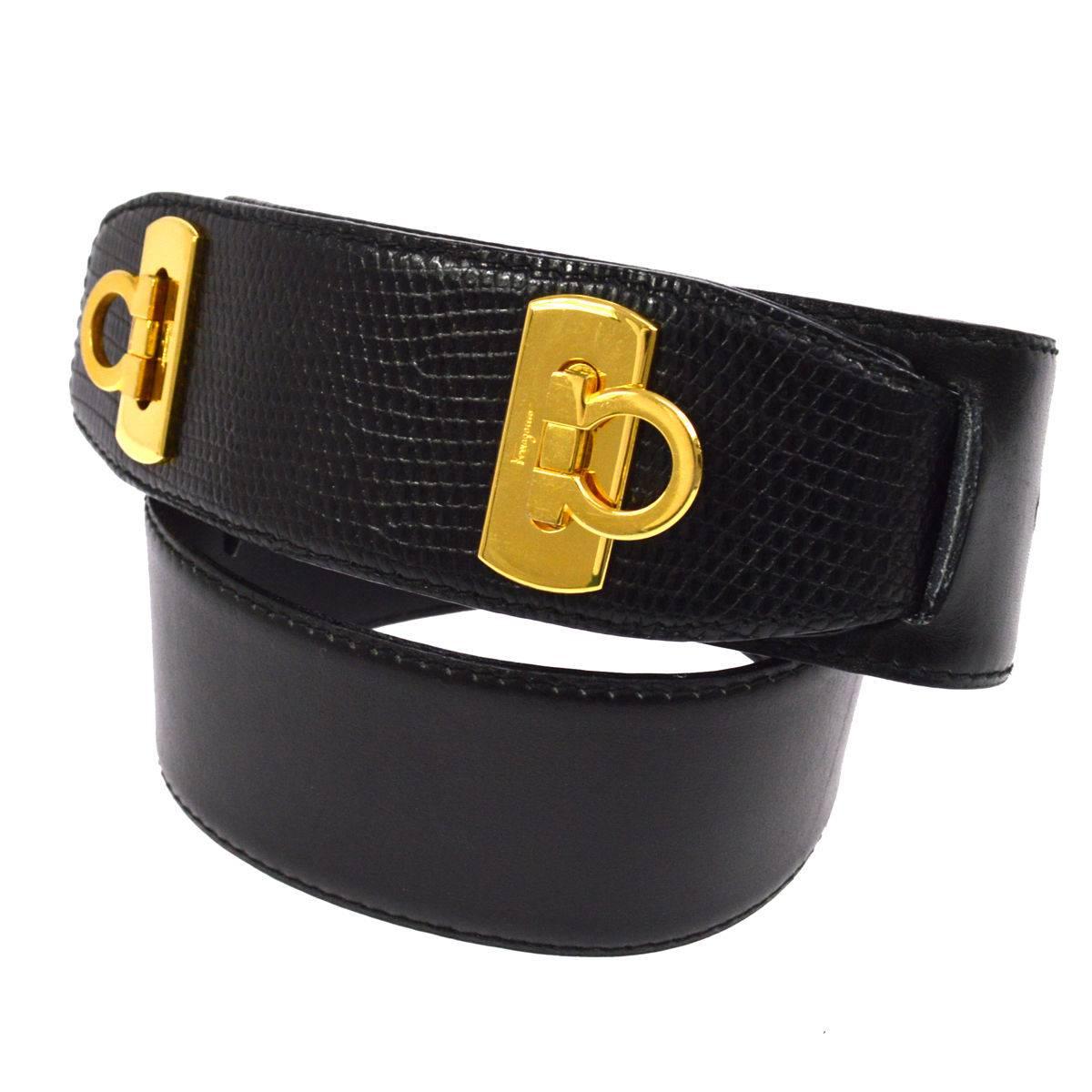 Salvatore Ferragamo Black Leather Embossed Gold Logo Toggle Waist Belt