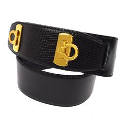 Salvatore Ferragamo Black Leather Embossed Gold Logo Toggle Waist Belt