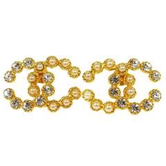Chanel Vintage Gold Rhinestone Pearl Charm Evening Stud Statement Earrings 4