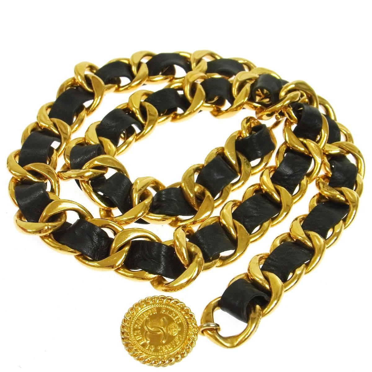 Chanel Vintage Rue 31 Cambon Gold Coin Charm Black Leather Waist Belt 