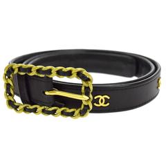 Chanel Vintage Black Leather Interwoven Chain Link Buckle Charm Waist Belt