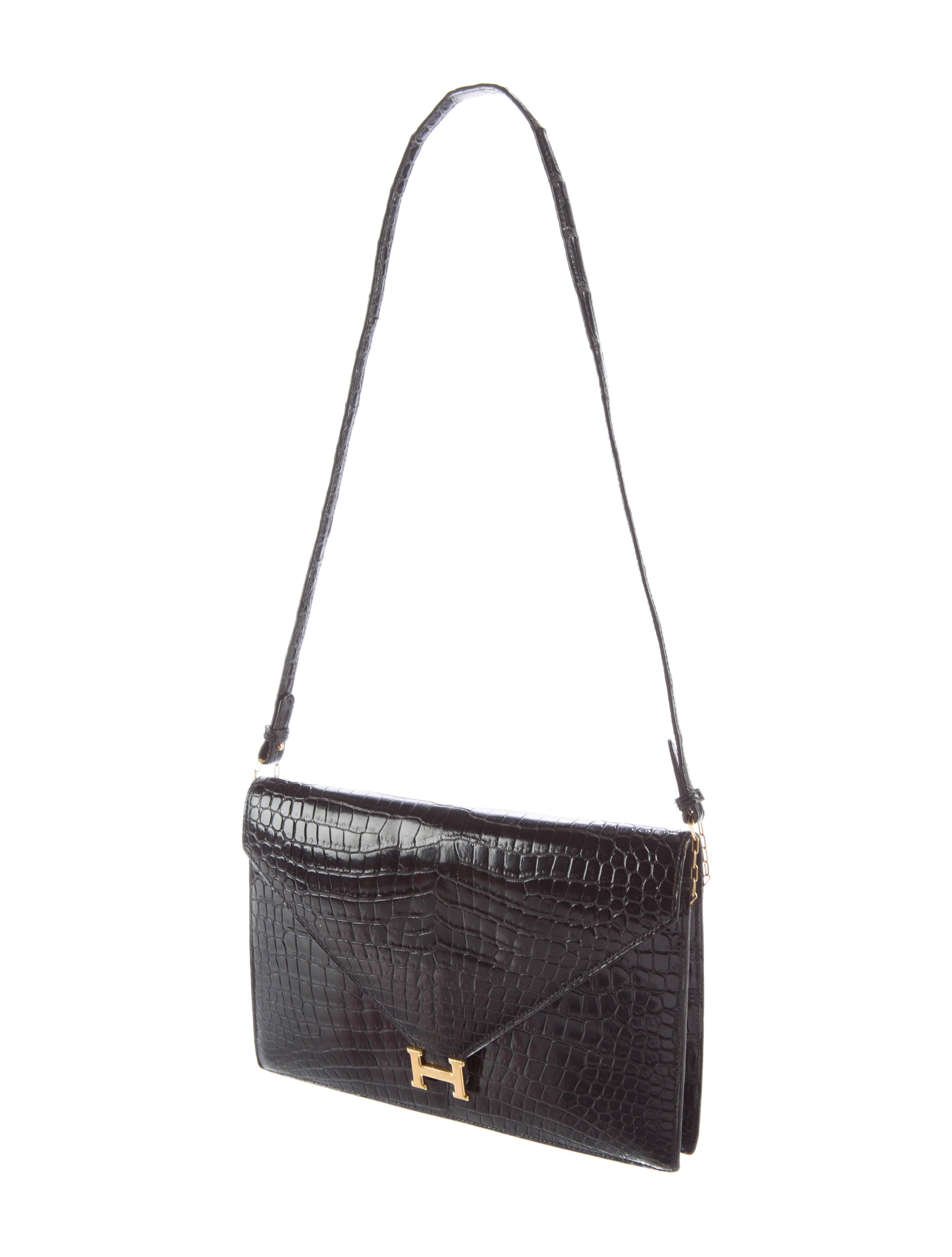 Women's Hermes Rare Black Crocodile Gold H Evening Envelope Flap Shoulder Bag