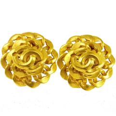 Chanel Vintage Gold Link Charm Button Stud Evening Earrings 1