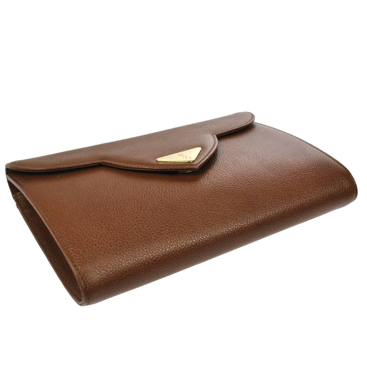 Brown YSL Cognac Leather Gold Hardware Envelope Top Handle Evening Clutch Bag