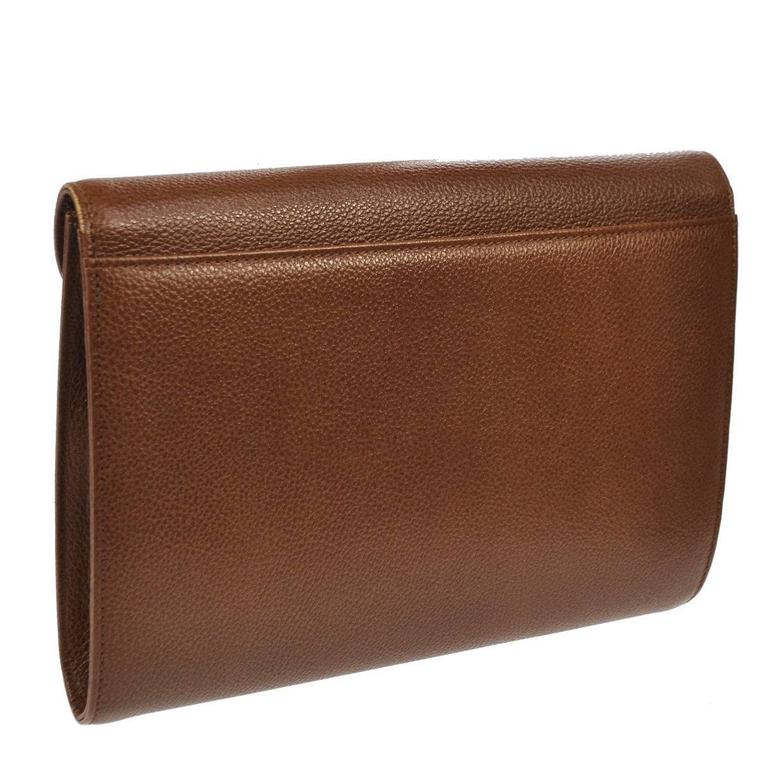 YSL Cognac Leather Gold Hardware Envelope Top Handle Evening Clutch Bag