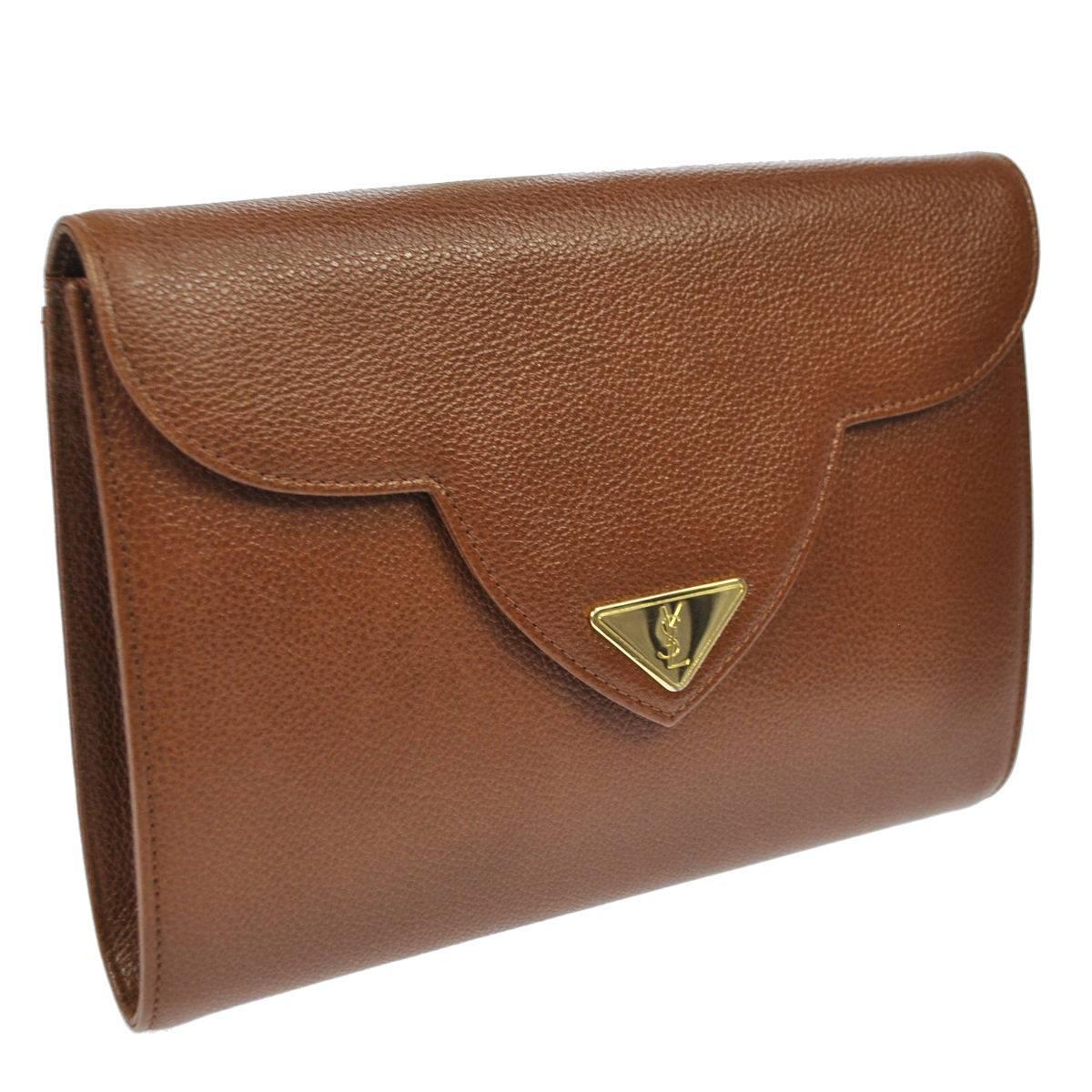 YSL Cognac Leather Gold Hardware Envelope Top Handle Evening Clutch Bag