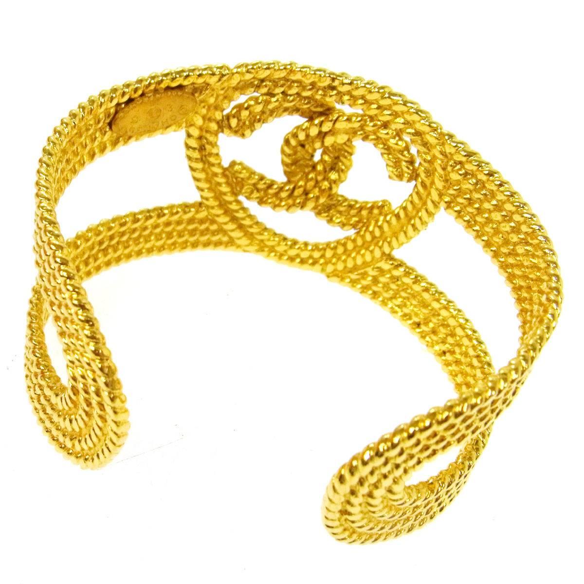 Chanel Vintage Gold Charm Logo Cutout Evening Cuff Bangle Bracelet  In Good Condition In Chicago, IL