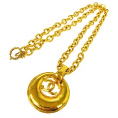 Chanel Vintage Gold Long Link Oval Medallion Coin Charm Necklace 