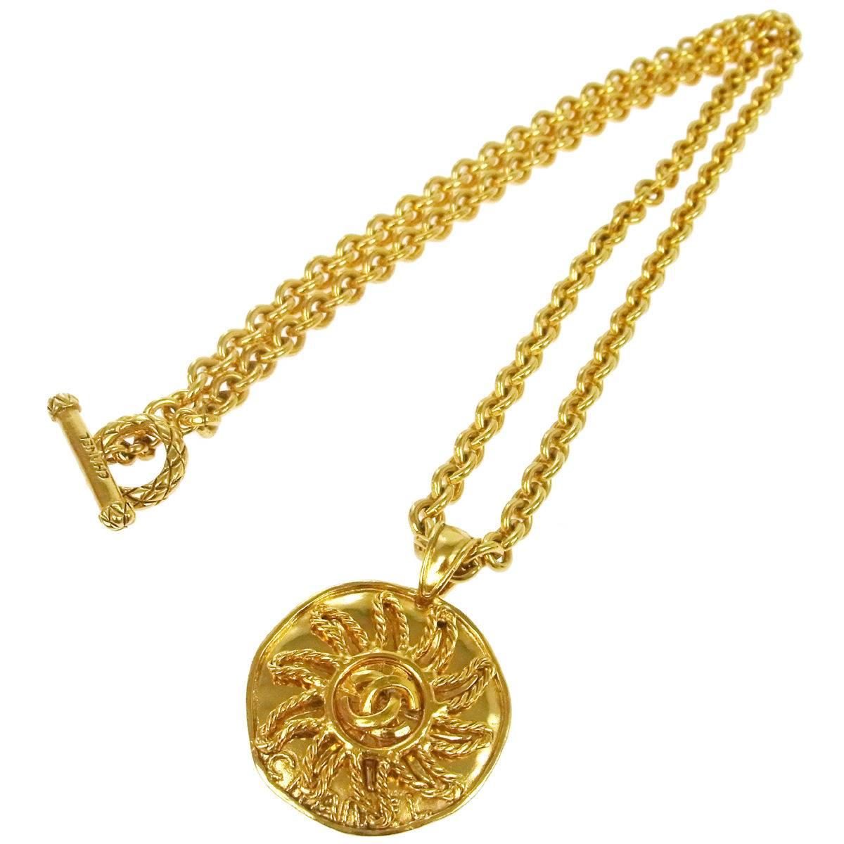 Chanel Vintage Gold Textured Sun Charm Coin Link Long Drape Necklace in Box