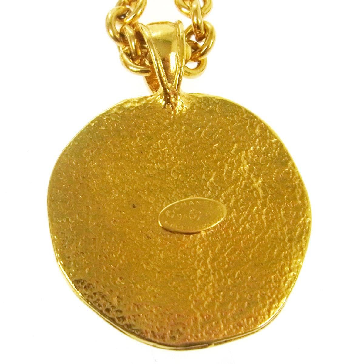 Women's Chanel Vintage Gold Textured Sun Charm Coin Link Long Drape Necklace in Box
