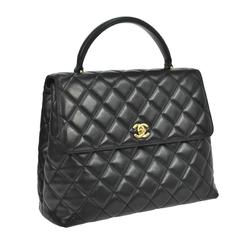 Chanel Retro Black Lambskin Gold Evening Kelly Top Handle Satchel Flap Bag