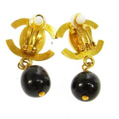 Chanel Vintage Gold Turn Lock Charm Black Bead Dangle Drop Evening Earrings
