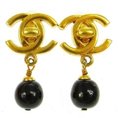 Chanel Vintage Gold Turn Lock Charm Black Bead Dangle Drop Evening Earrings