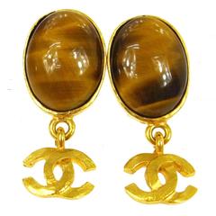 Chanel VIntage Gold Charm Cognac Brown Evening Dangle Drop Earrings 9