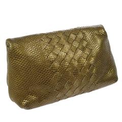 Bottega Veneta Metallic Gold Snakeskin Leather Evening Clutch Flap Bag