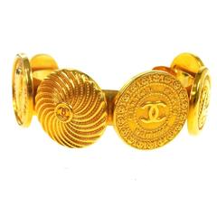 Vintage Chanel Gold Textured Coin Charm Cuff Bracelet 
