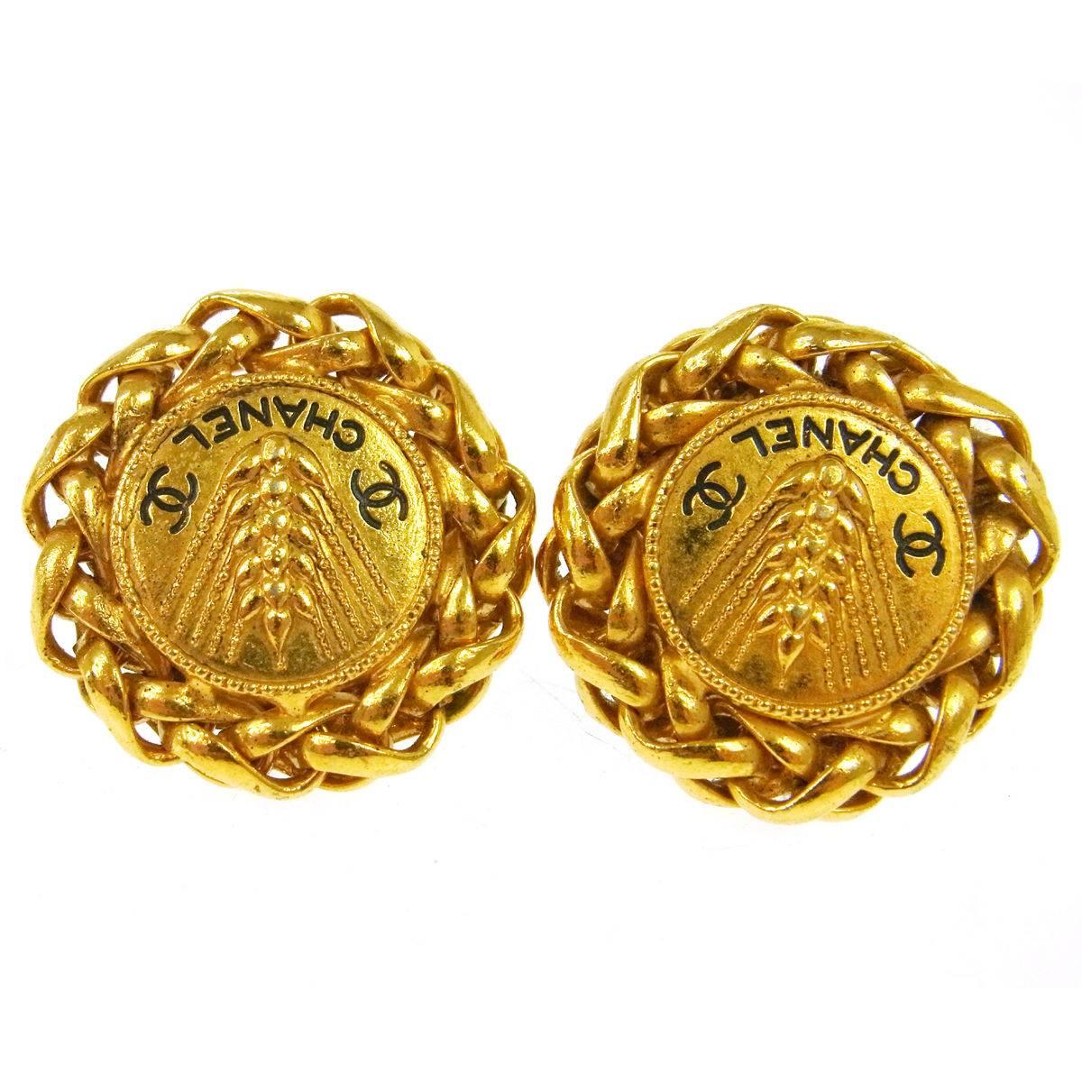 Chanel Gold Textured Chain Black Round Stud Earrings