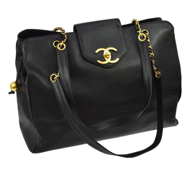 Chanel Vintage Black Leather Gold Large Shopper Travel Weekender Tote Bag For Sale at 1stdibs
